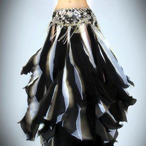 Ameynra Gothic style chiffon skirt for belly dance or show. Black & white petals